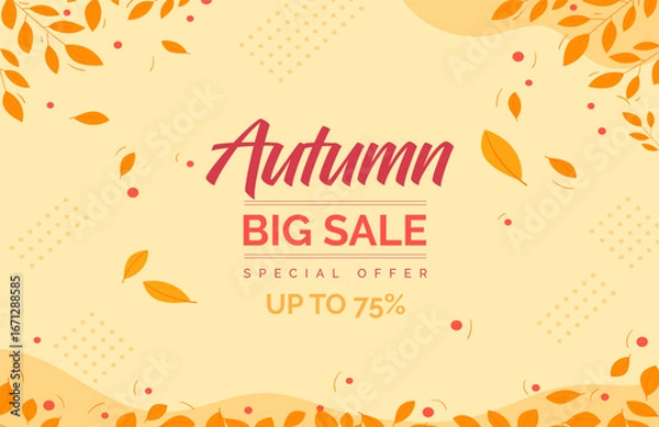 Obraz Autumn sale banner with vibrant fall leaves in orange, yellow, and red. Festive design with "Get up to 25%,50%,70% off" text, perfect for seasonal promotions, marketing, and social media campaigns.