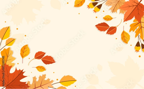 Obraz Beautiful autumn background with colorful fall leaves, pumpkins, acorns, and warm seasonal elements. Perfect for banners, invitations, social media posts, and festive autumn design projects.