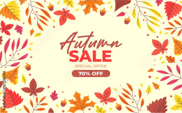 Obraz Autumn sale banner with vibrant fall leaves in orange, yellow, and red. Festive design with "Get up to 25%,50%,70% off" text, perfect for seasonal promotions, marketing, and social media campaigns.