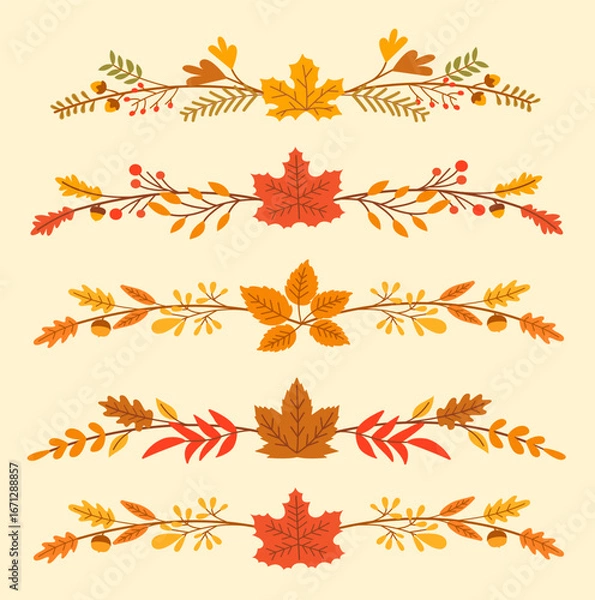 Obraz Collection of autumn-themed elements including colorful leaves, acorns, mushrooms, flowers, and berries in warm fall colors. Perfect for seasonal designs, crafts, invitations, and decoration projects.