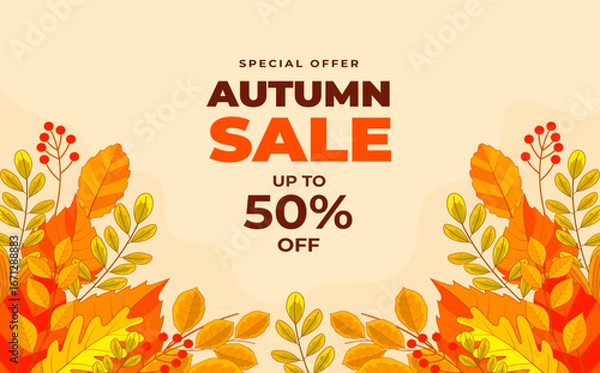 Obraz Autumn sale banner with vibrant fall leaves in orange, yellow, and red. Festive design with "Get up to 25%,50%,70% off" text, perfect for seasonal promotions, marketing, and social media campaigns.