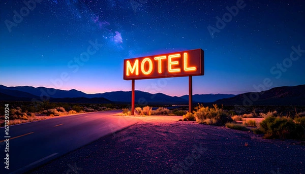 Fototapeta Luminous Motel Sign Under a Starry Desert Night Sky