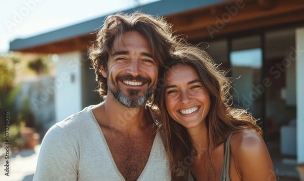 Fototapeta Joyful, eco-conscious couple  in front of their modern home equipped with efficient solar panels on the roof, symbolizing their commitment to green energy and sustainable living, Generative AI