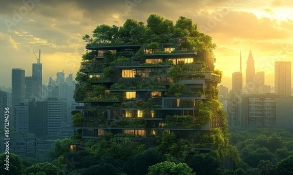 Fototapeta Cityscape colliding with nature, showcasing urban biodiversity and the harmonious coexistence of nature and urban development, Generative AI