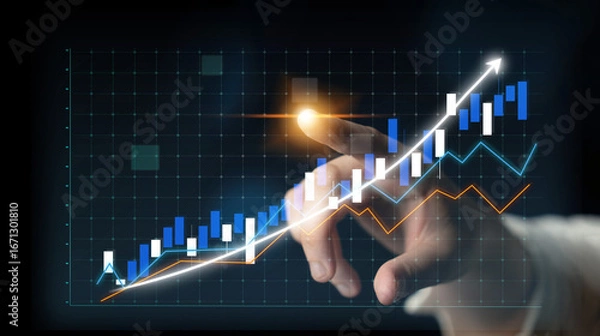 Obraz A hand interacts with a glowing financial chart, emphasizing trends in growth and investment in a modern digital landscape, reflecting market dynamics. Impute