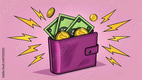 Obraz Wallet with Money and Coins in a Retro Comic Book Style. Vector of Financial Power and Earning with Lightning Bolts