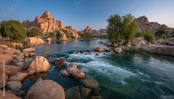 Fototapeta Tranquil River View with Rocky Outcrops