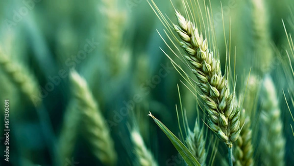Fototapeta Close up of a ripe golden wheat stalk swaying gently in a field with a soft green blurred background