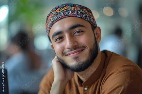 Fototapeta Close-up photo of a smiling young Muslim man in a bib and brown shirt sitting in the office, looking thoughtfully at his laptop screen, resting his chin on his hand, reflecting, Generative AI