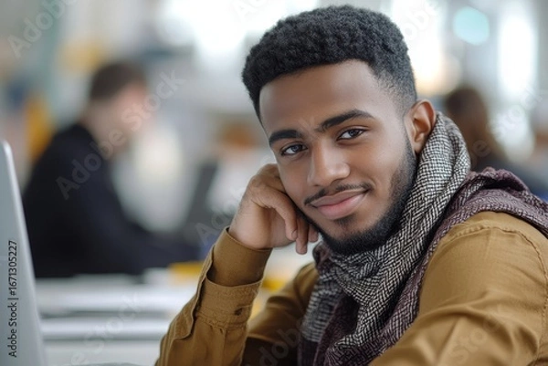 Fototapeta Close-up photo of a smiling young Muslim man in a bib and brown shirt sitting in the office, looking thoughtfully at his laptop screen, resting his chin on his hand, reflecting, Generative AI