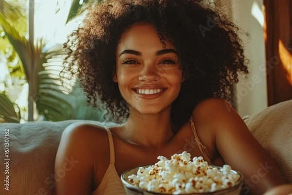 Fototapeta Close-up photo of a happy young woman at home, sitting on the couch, holding her chin with her hand, using the phone with a smile, texting, and reading good news, Generative AI