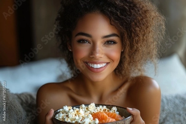 Fototapeta Close-up photo of a happy young woman at home, sitting on the couch, holding her chin with her hand, using the phone with a smile, texting, and reading good news, Generative AI