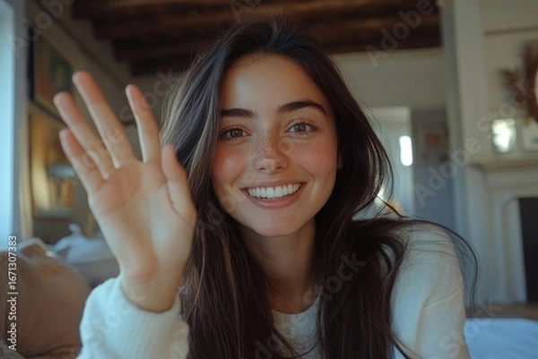 Fototapeta Close-up portrait of smiling young brunette woman at home, talking to the camera on a video call, recording an online conversation, greeting, and waving with enthusiasm, Generative AI