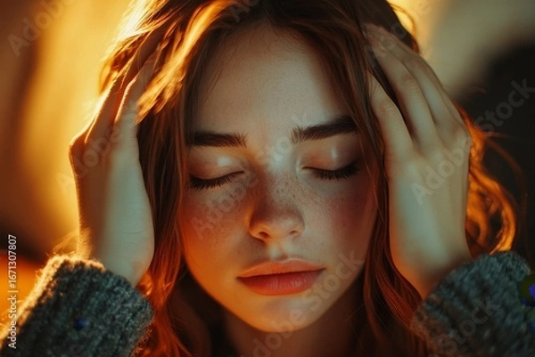 Fototapeta Close-up photo of a smiling young woman at home, sitting relaxed on the couch, eating popcorn and snacks from a bowl, embodying relaxation and leisure time, Generative AI