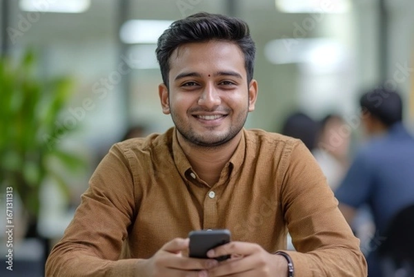 Fototapeta young smiling Indian man in a brown shirt sitting at the desk in the office, using a mobile phone, typing messages, texting, representing positive engagement in his work, Generative AI