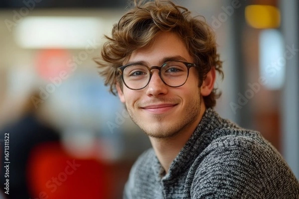 Fototapeta Relaxed young man with glasses smiling confidently in a modern office setting, exuding professionalism and comfort in his work environment, Generative AI