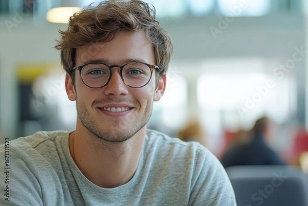 Fototapeta Relaxed young man with glasses smiling confidently in a modern office setting, exuding professionalism and comfort in his work environment, Generative AI