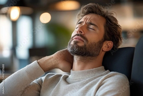 Fototapeta Man experiencing a sore throat, touching his neck in discomfort inside a modern office, reflecting personal health challenges while working, Generative AI