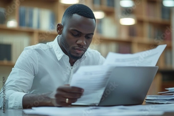 Fototapeta Focused businessman working on a laptop and reviewing documents in a modern office, embodying professionalism and dedication to completing tasks in a productive workspace, Generative AI