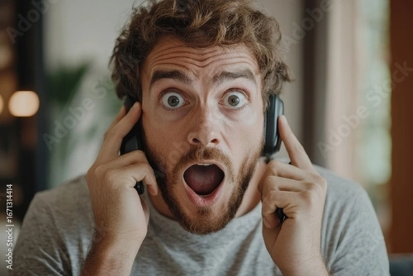 Fototapeta Man expressing shock and surprise while talking on the phone indoors, illustrating an emotional response to unexpected news or information, Generative AI