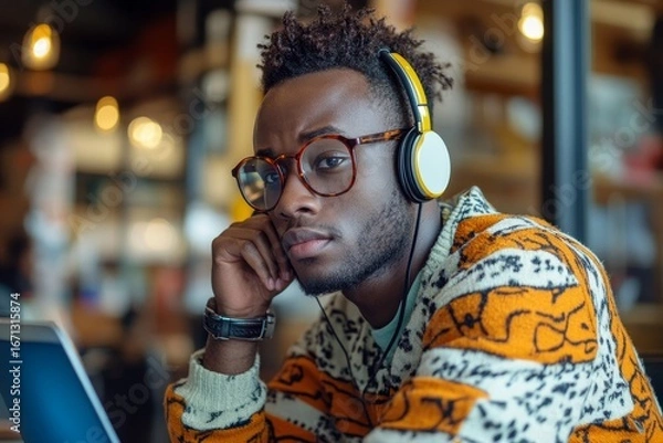 Fototapeta young professional wearing headphones and taking notes during a video conference, capturing a moment of effective communication and collaboration in a modern office environment, Generative AI