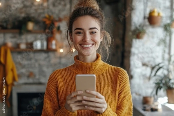 Fototapeta Woman smiling with a cardboard box and smartphone in a modern home interior, representing excitement and contentment with online shopping or deliveries, Generative AI