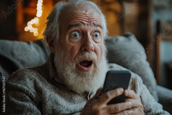 Fototapeta Close-up portrait of a worried senior pensioner man sitting at home on the sofa, holding his phone in his hand, looking at the camera in shock, holding his beard in distress, Generative AI