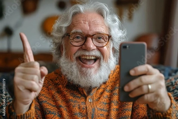 Fototapeta happy gray-haired senior man at home, sitting on the couch, looking at the screen of the phone he is holding, rejoicing in success, and showing victory gesture, symbolizing contentment, Generative AI