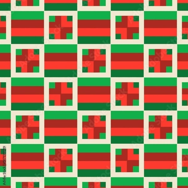 Fototapeta A festive and geometric checkerboard pattern with a clean, grid-like design of red and green.The pattern alternates between blocks of horizontal red stripes and framed squares with a symmetrical cross