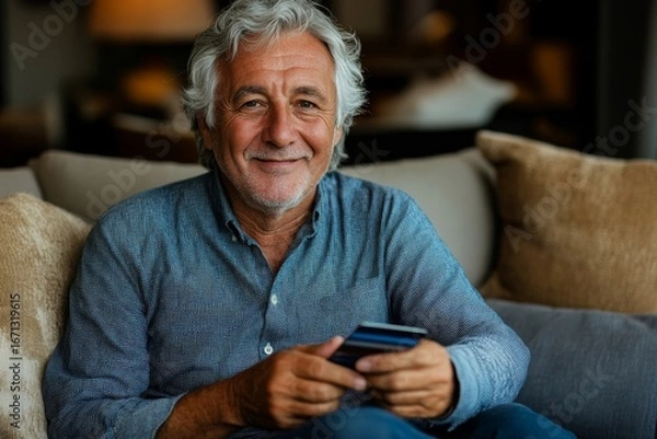 Fototapeta Close-up portrait of a senior man with gray hair in a shirt, sitting on a sofa at home, holding a phone and a credit card, smiling at the camera as he handles his financial transactions, Generative AI