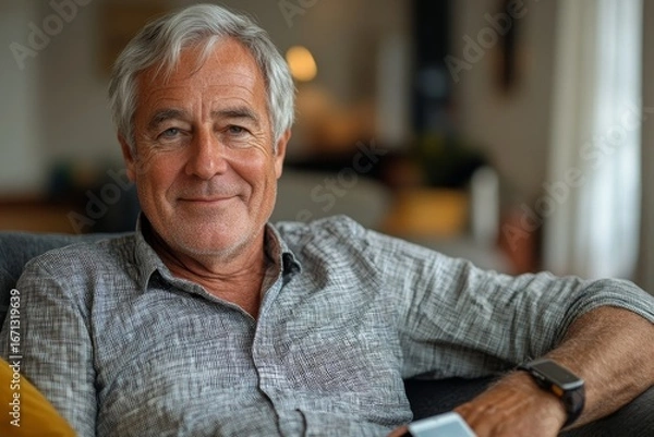 Fototapeta Close-up portrait of a senior man with gray hair in a shirt, sitting on a sofa at home, holding a phone and a credit card, smiling at the camera as he handles his financial transactions, Generative AI