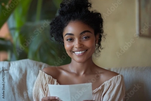 Fototapeta Happy woman reading a letter while sitting on the sofa at home, symbolizing joy and positive emotions from receiving good news, Generative AI