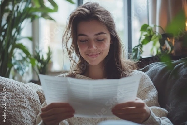 Fototapeta Happy woman reading a letter while sitting on the sofa at home, symbolizing joy and positive emotions from receiving good news, Generative AI