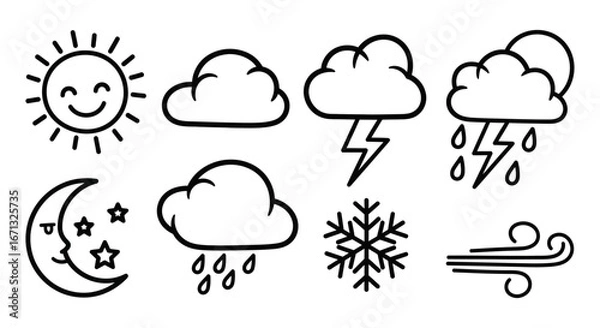 Fototapeta Set of simple hand drawn weather icons including sun, clouds, rain, lightning, snow, moon, and wind on isolated white background