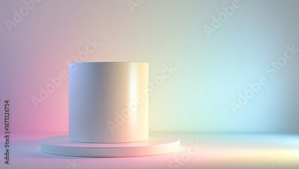 Fototapeta Empty, cylindrical, white pedestal on a light-colored surface, bathed in soft, pastel-hued lighting