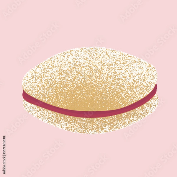 Obraz Illustration of one traditional Finnish sugar-coated spoon cookie (lusikkaleivät) filled with raspberry jam on a soft pink background.