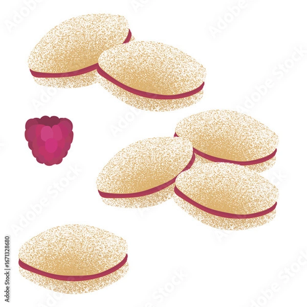 Fototapeta Illustration set of traditional Finnish sugar-coated spoon cookies (lusikkaleivät) filled with raspberry jam, accompanied by two fresh raspberries on white background.