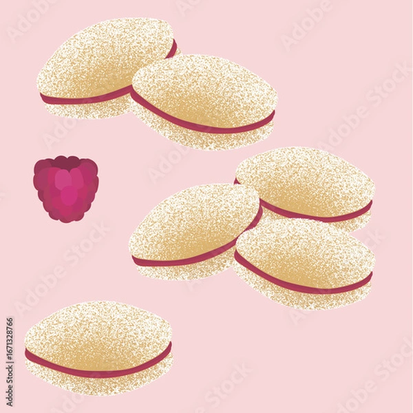 Obraz Illustration set of traditional Finnish sugar-coated spoon cookies (lusikkaleivät) filled with raspberry jam, accompanied by two fresh raspberries on a soft pink background.