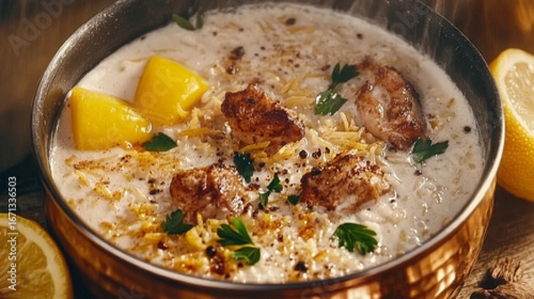 Obraz Hearty cream soup with chicken pieces. Garnished with lemon and herbs.