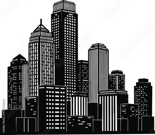 Fototapeta Black Silhouette of a City Skyline with Numerous Tall Buildings architecture
