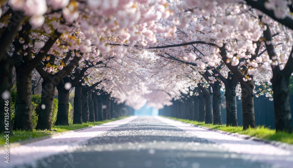 Obraz 夕暮れの桜並木と散りゆく花びら