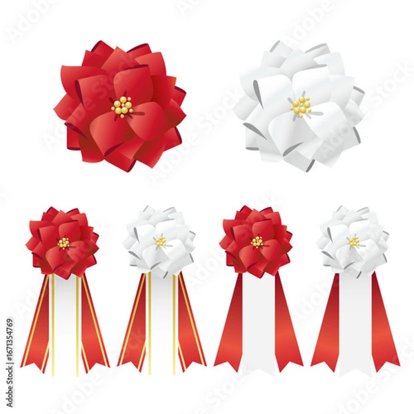 Obraz 当選マークのような赤と白のリボン記章のイラストセット。タレ付き。白背景にベクターイラスト。