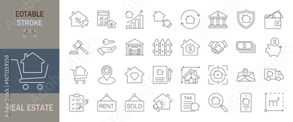 Fototapeta Real estate icon set. Editable line icons. Vector illustration.