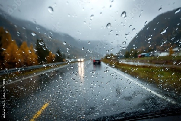 Obraz Rainy mountain road view through a car window