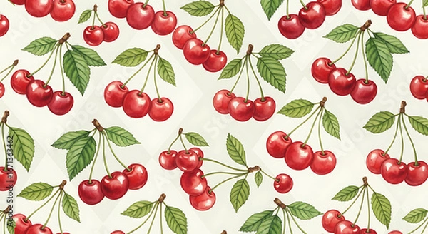 Fototapeta A repeating pattern of red cherries with green leaves on white background