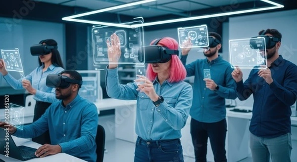 Fototapeta A VR and virtual reality in a smart setting with focus on VR, virtual reality, technology. Unique