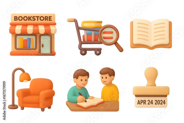 Fototapeta Cozy bookstore elements with reading and shopping icons in 3d style
