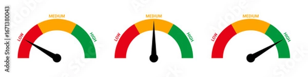 Obraz Performance Level Gauge Icons Flat Vector Meters Low, Medium and High, from Poor to Good for Dashboards and Evaluations