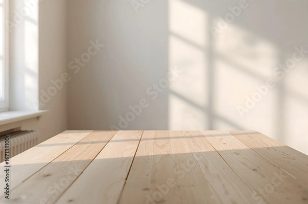 Fototapeta Light wooden table with sunlit window shadows on wall and radiator pine wood plank table