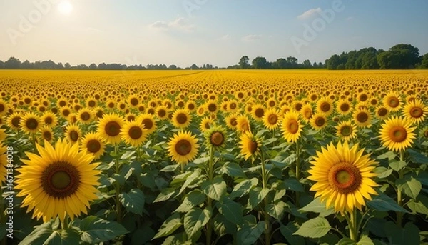 Fototapeta Vast Golden Sunflower Field: Bright Summer Landscape of a Field of Tall Sunflowers Under a Clear Blue Sky, Symbolizing Warmth and Happiness.